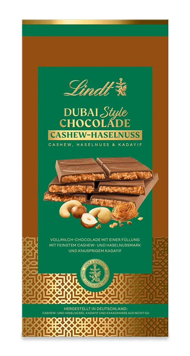 Lindt Dubai Style Vollmilch Schokolade Cashew Haselnuss 150g Tafel - Schokobote.de