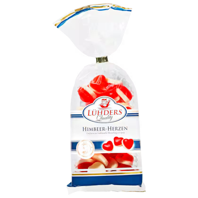 Lühders Himbeer Herzen Fruchtgummi Vanilleschaum 200g