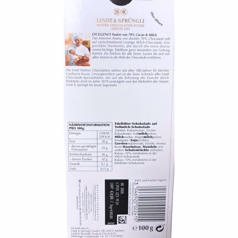 Lindt Excellence Fusion 70% Kakao & Milch | Edelbitter auf Vollmilch | 100g Tafe