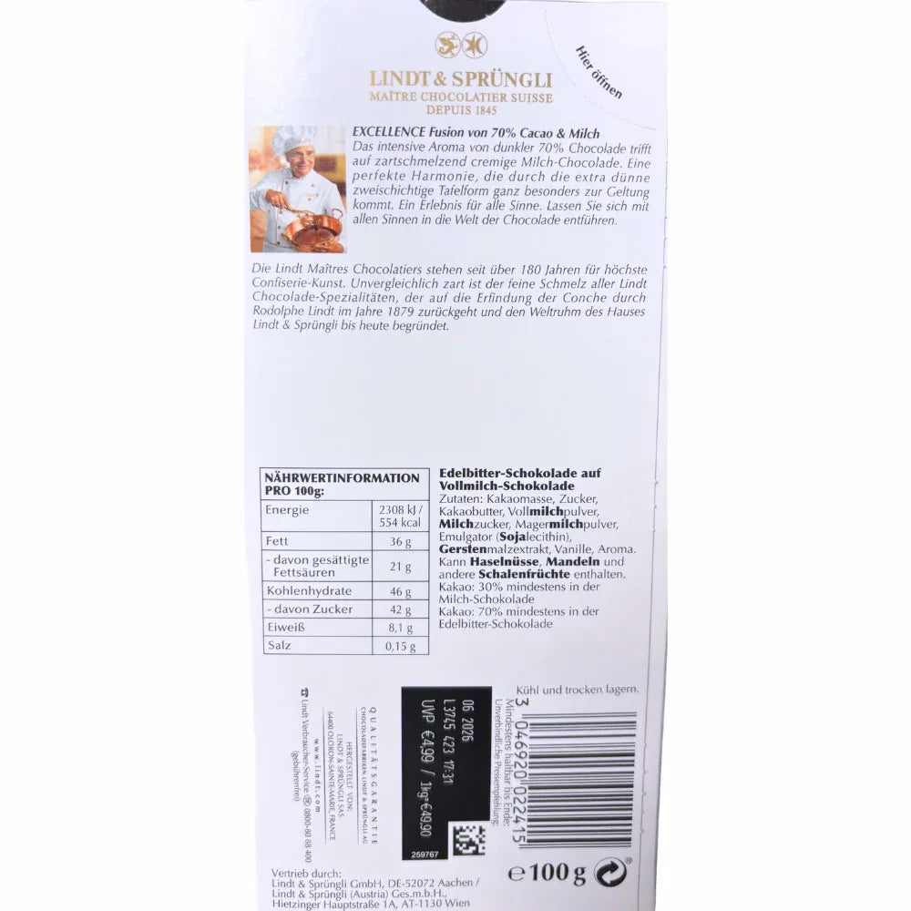 Lindt Excellence Fusion 70% Kakao & Milch | Edelbitter auf Vollmilch | 100g Tafe - Schokobote.de