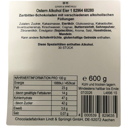 Lindt Alkohol-Eier 600g - Zartbitter-Schokolade für Ostern, MHD: 07/26