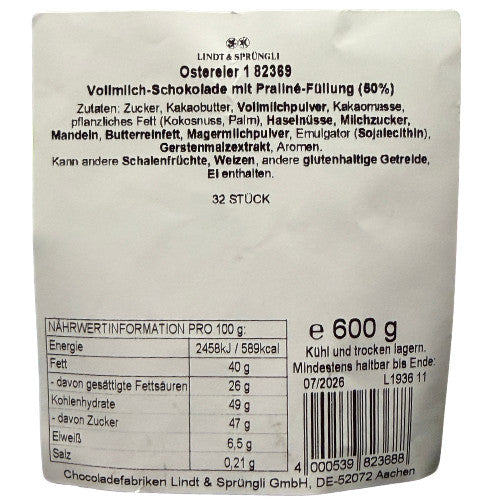 Lindt Ostereier 600g - Schokoladeneier mit Pralinen-Füllung, MHD: 07/26