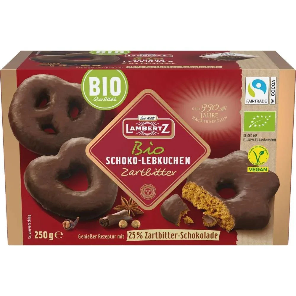 Lambertz Bio Lebkuchen Herzen Sterne Brezeln Zartbitter 250g vegan - Schokobote.de