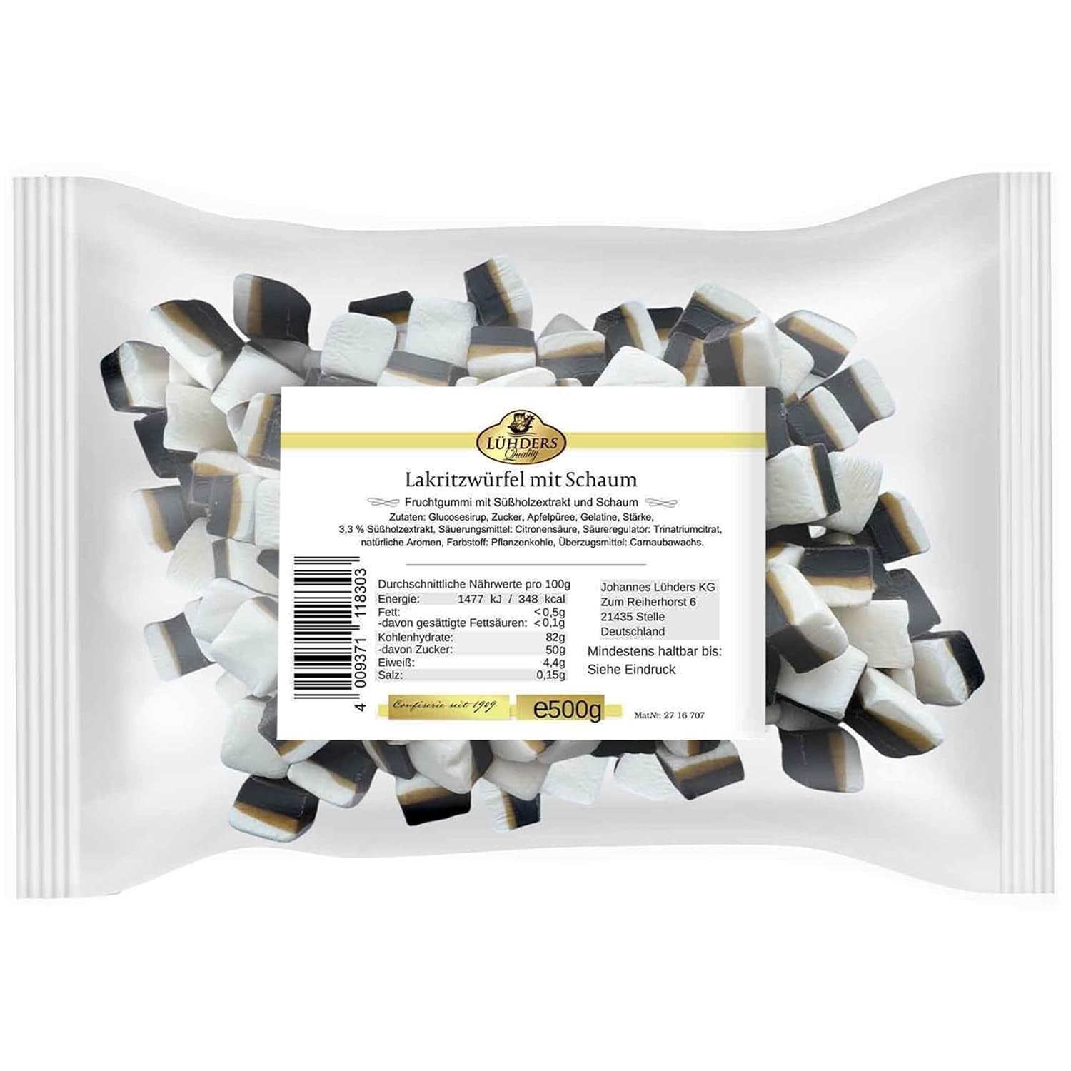 Lühders Lakritz Fruchtgummi Würfel Schaum 500g