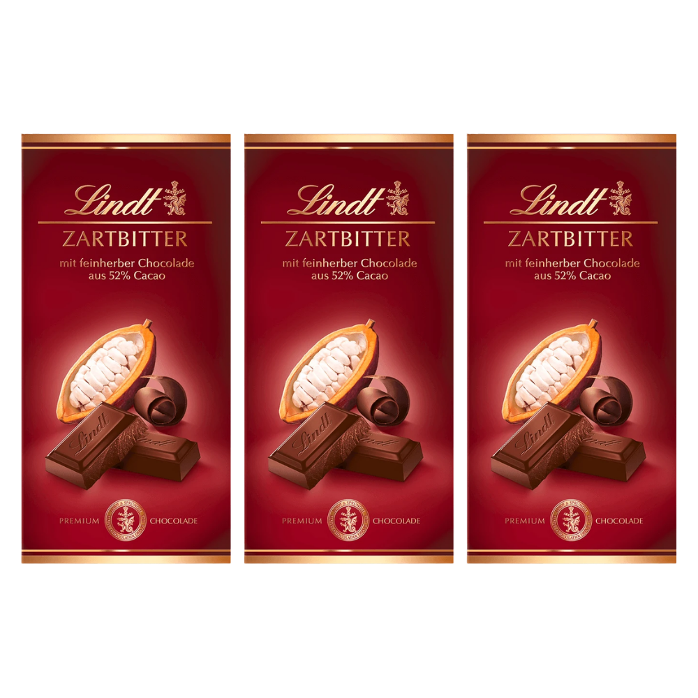 Lindt Zartbitter Schokolade 52%, 100g Tafel – 3 Stück – Packbild