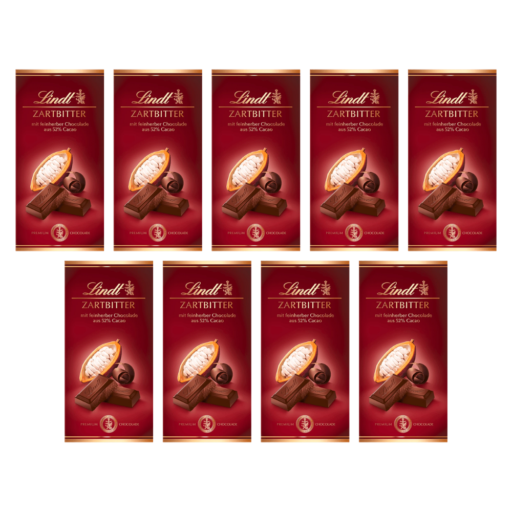 Lindt Zartbitter Schokolade 52%, 100g Tafel – 9 Stück – Packbild