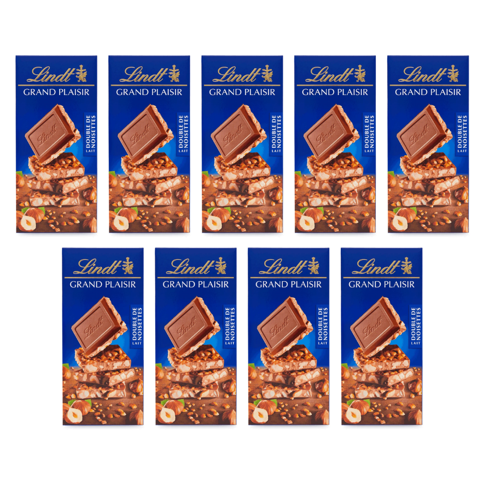 Lindt Grand Plaisir Haselnuss mit Vollmilch Schokolade Tafel 150g – 9 Stück – Packbild