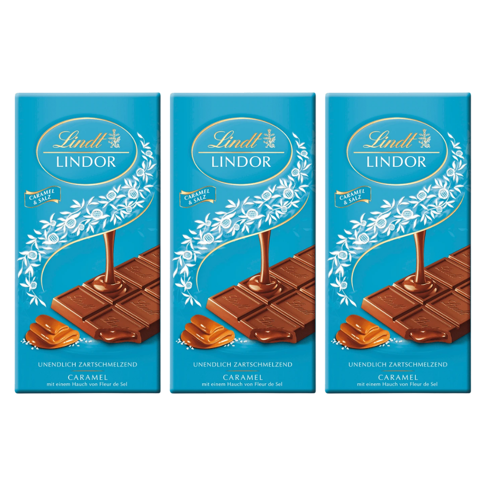 Lindt Lindor Caramel und Salz Schokolade mit Fleur de Sel 100g – 3 Stück – Packbild
