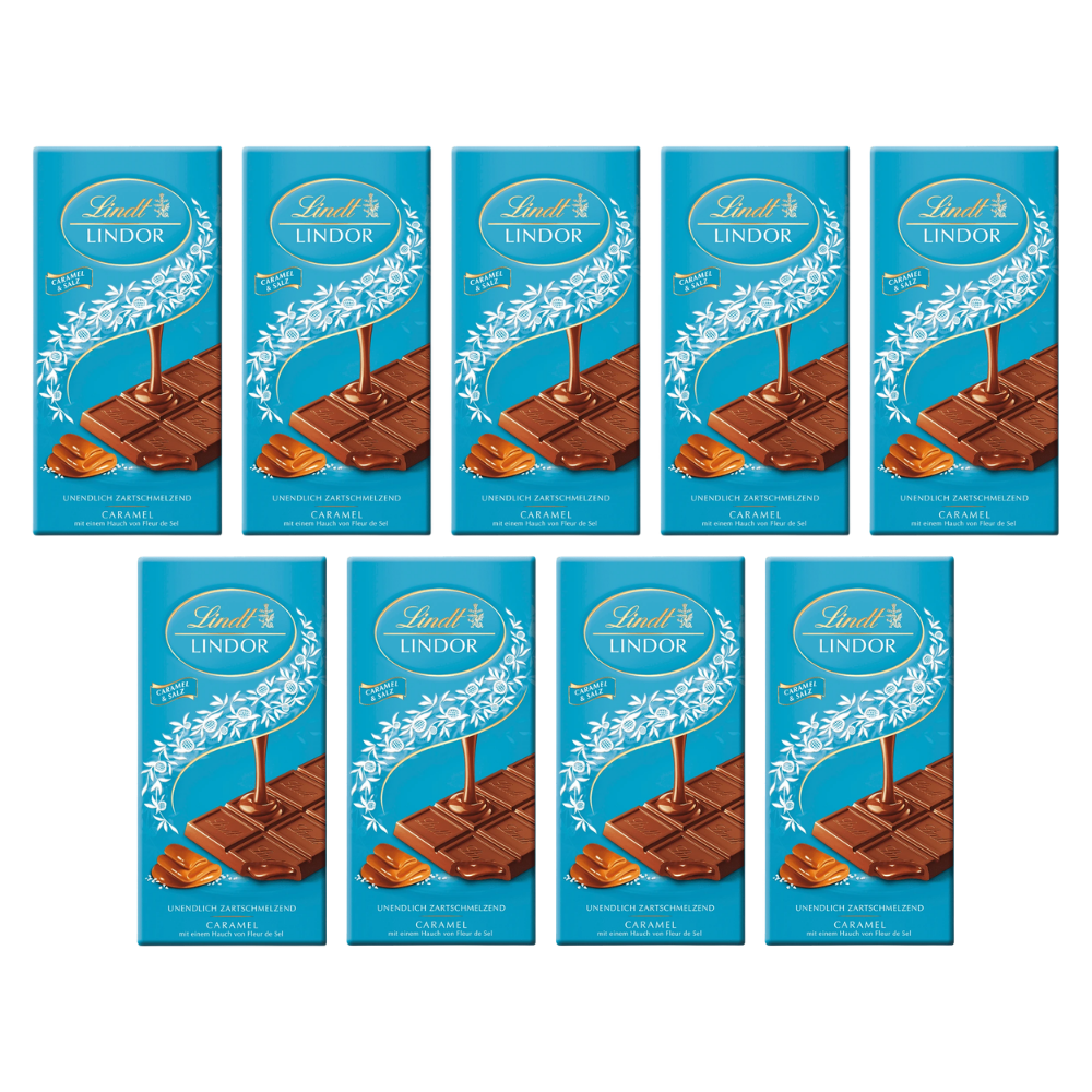 Lindt Lindor Caramel und Salz Schokolade mit Fleur de Sel 100g – 9 Stück – Packbild