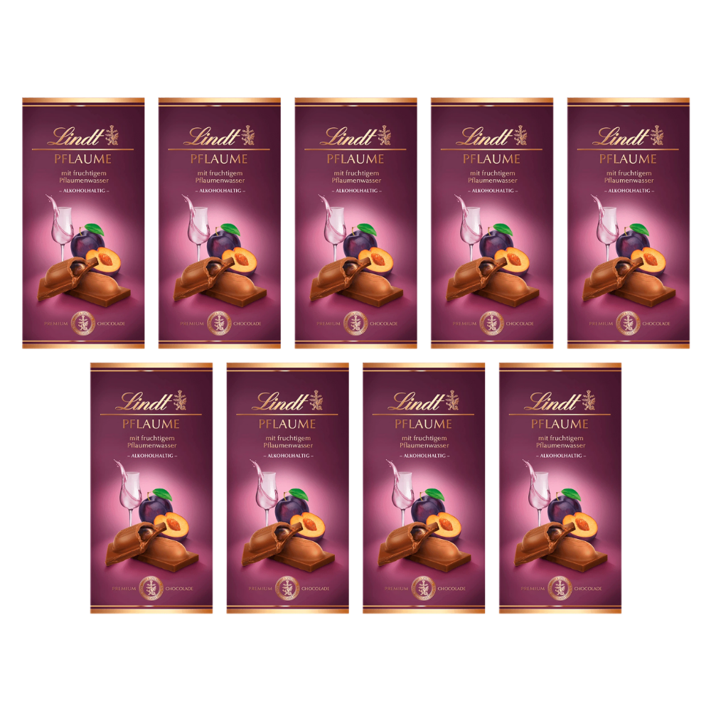 Lindt Pflaume Vollmilch Tafel 100g – 9 Stück – Packbild