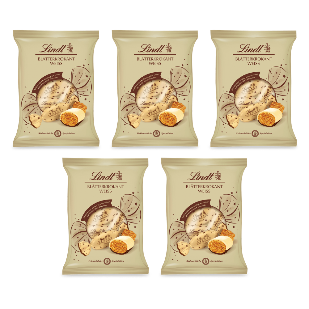 Lindt Blätterkrokant Zapfen Doppeldreh Weiß 90 g – 5 × 90 g – Packbild