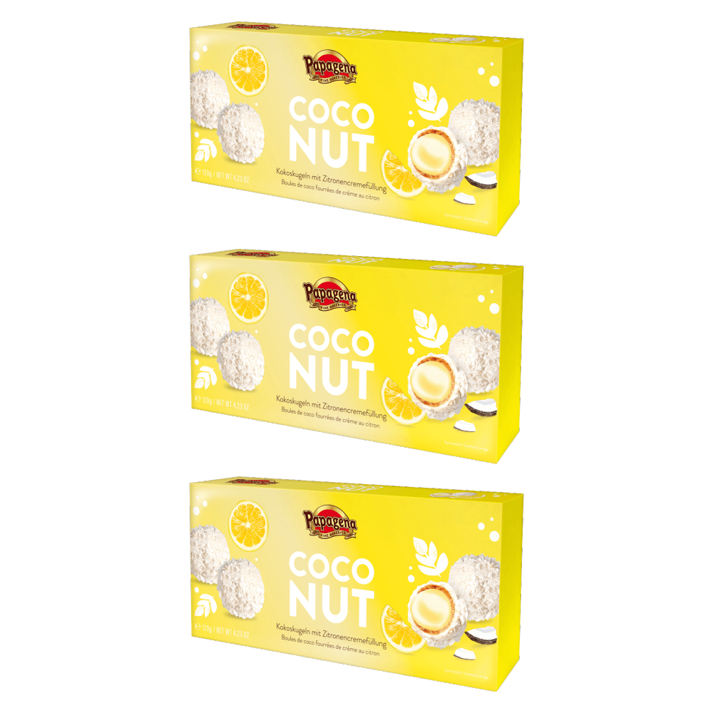 Papagena Kokoskugeln mit Zitronencremefüllung 120g – 3er-Pack – Packbild