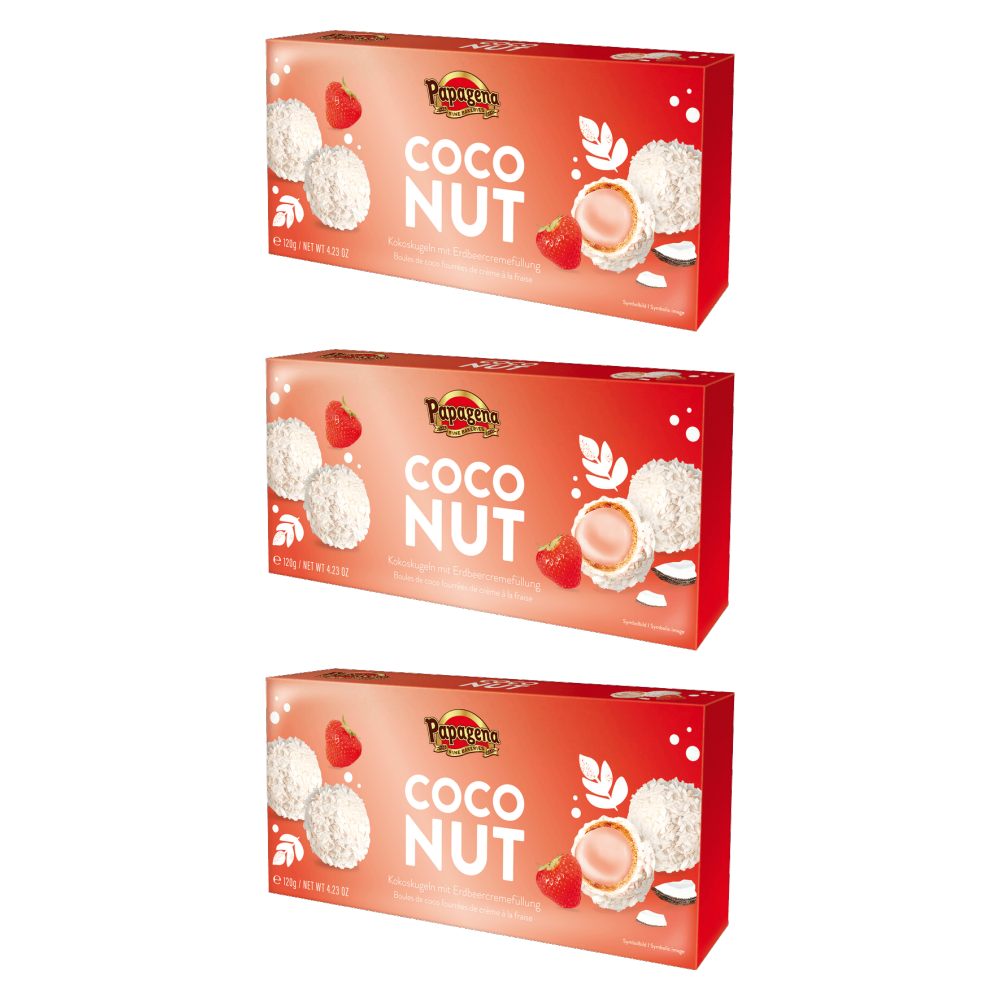 Papagena Kokoskugeln mit Erdbeercremefüllung 120g – 3er-Pack – Packbild