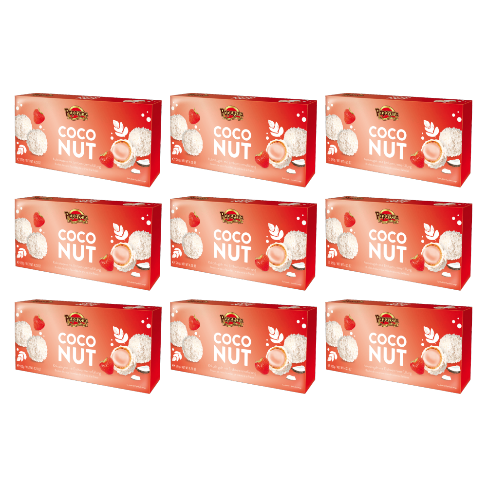 Papagena Kokoskugeln mit Erdbeercremefüllung 120g – 9er-Pack – Packbild