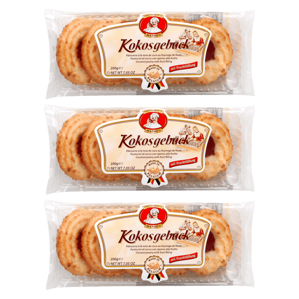 Pâtisserie Mathéo Kokosgebäck mit Fruchtfüllung 200g – 3er-Pack – Packbild
