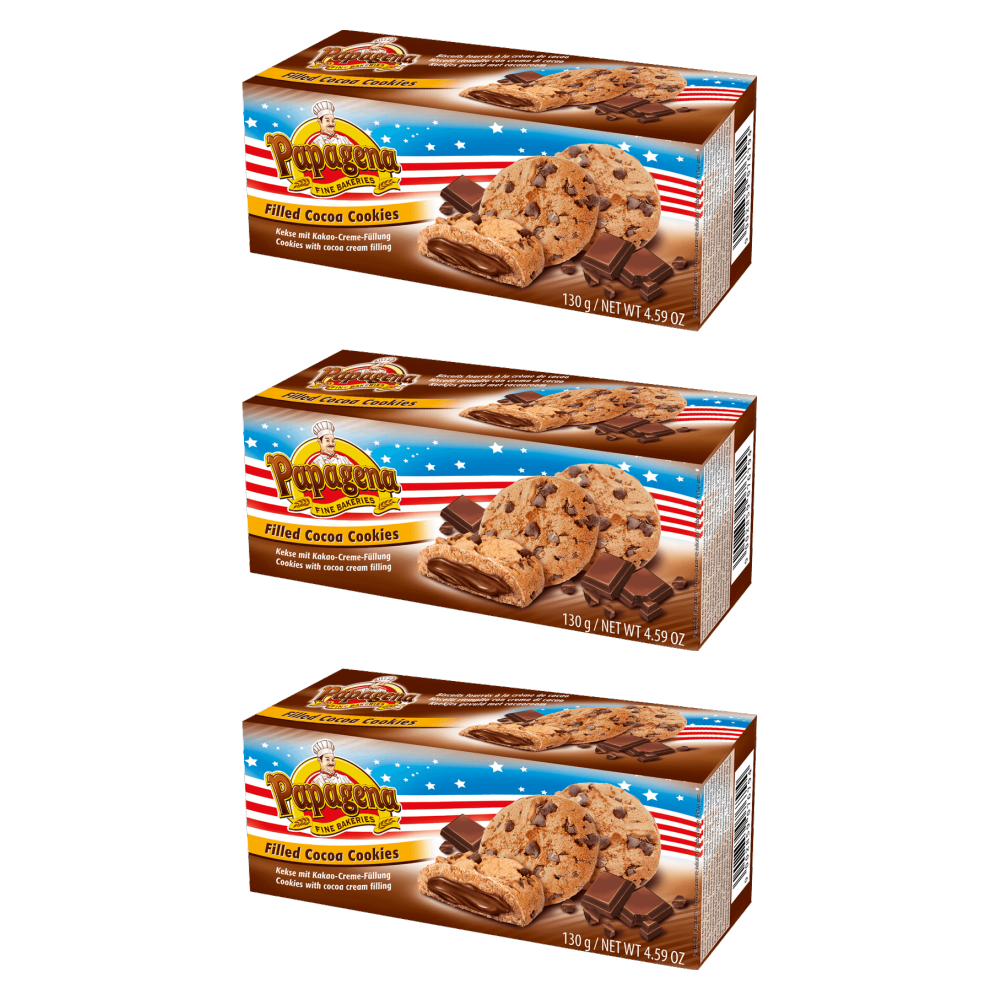 Papagena Choco Chip Cookies mit Schokoladencremefüllung 130g – 3er-Pack – Packbild