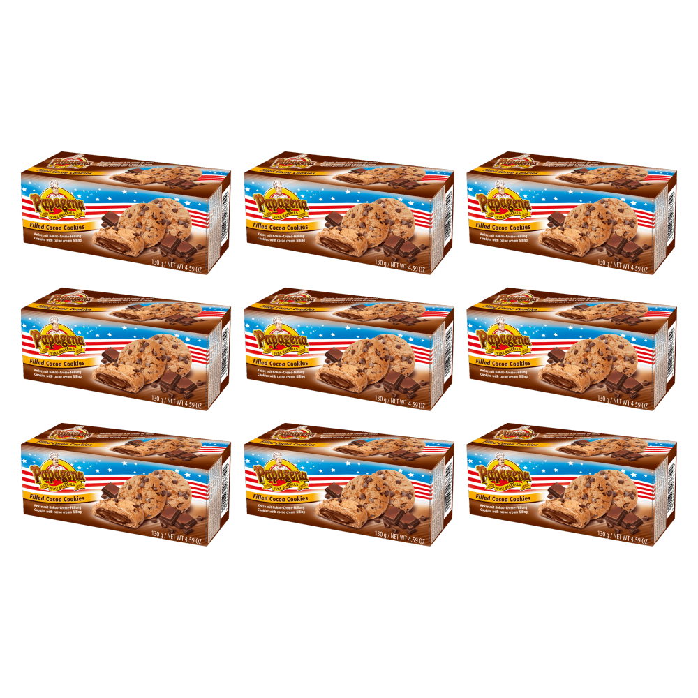 Papagena Choco Chip Cookies mit Schokoladencremefüllung 130g – 9er-Pack – Packbild