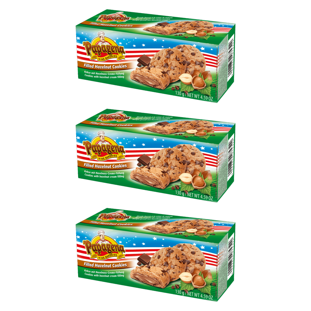 Papagena Choco Chip Cookies mit Haselnusscremefüllung 130g – 3er-Pack – Packbild