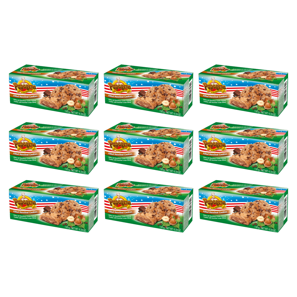 Papagena Choco Chip Cookies mit Haselnusscremefüllung 130g – 9er-Pack – Packbild