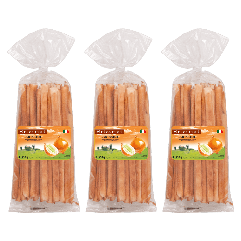 Stiratini Grissini Brotgebäckstangen mit Zwiebel 250g – 3er-Pack – Packbild
