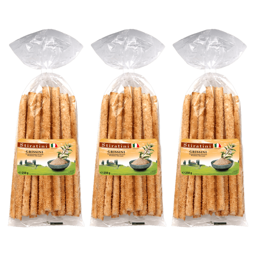 Stiratini Grissini Brotgebäckstangen mit Sesam 250g – 3er-Pack – Packbild