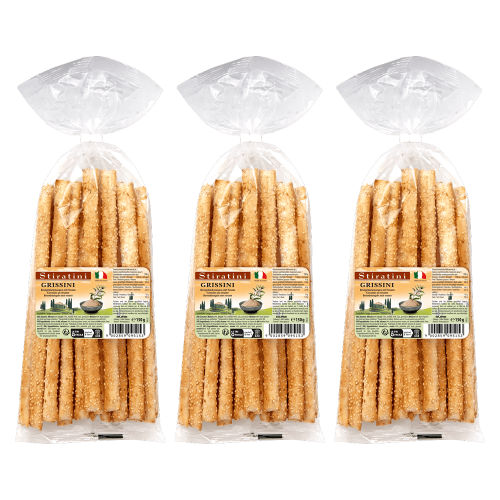 Stiratini Grissini Brotgebäckstangen mit Sesam 150g – 3er-Pack – Packbild
