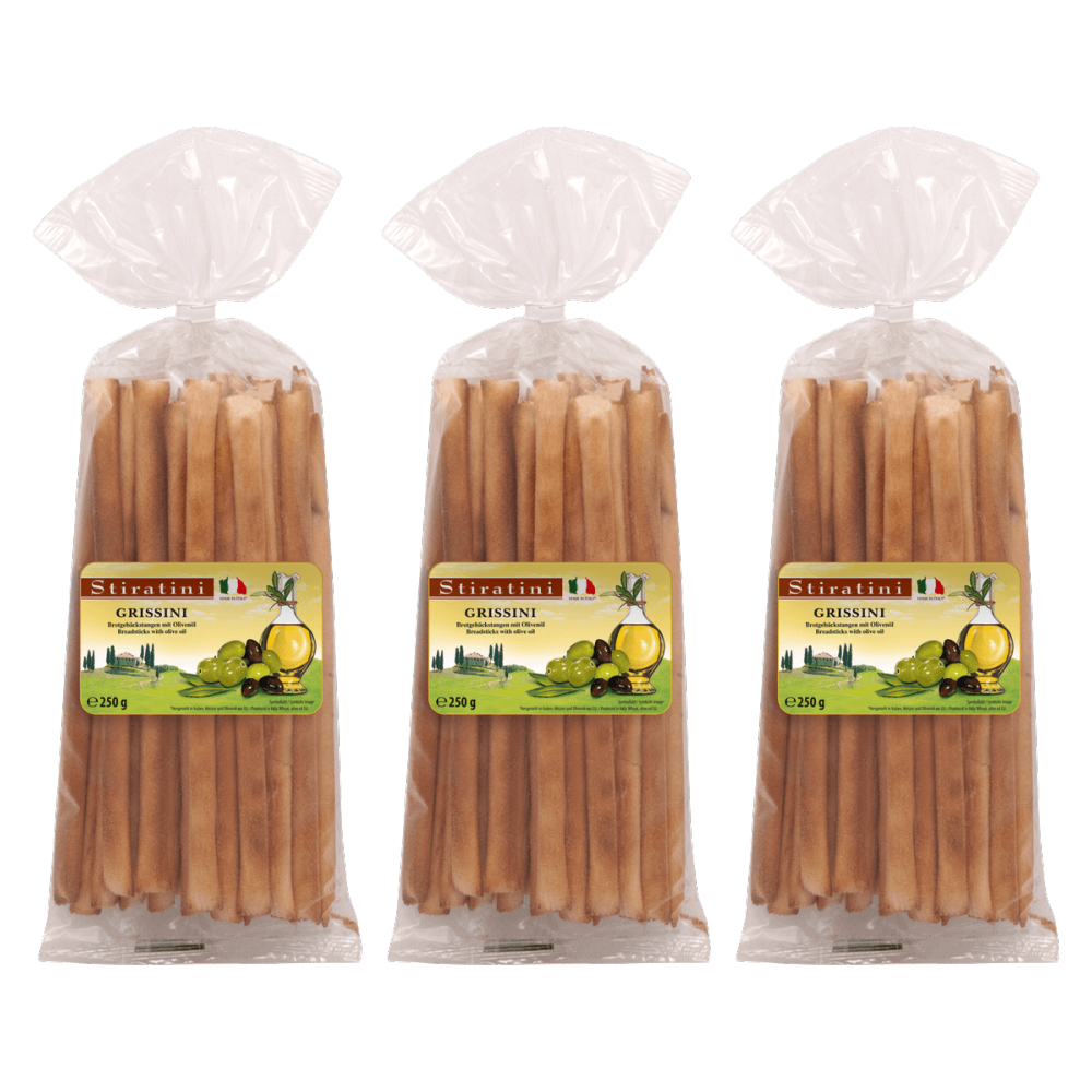 Stiratini Grissini Brotgebäckstangen mit Olivenöl 250g – 3er-Pack – Packbild
