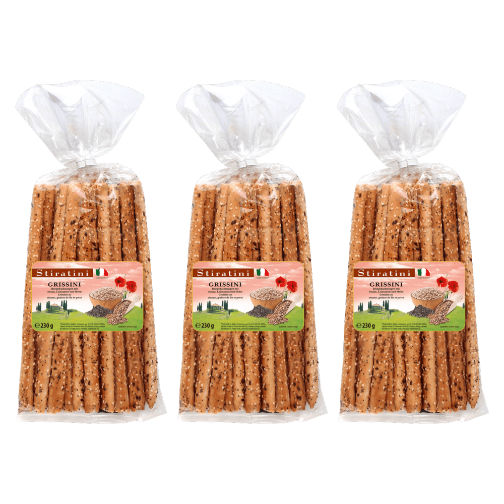 Stiratini Grissini Brotgebäckstangen mit Leinsamen, Sesam und Mohn 230g – 3er-Pack – Packbild