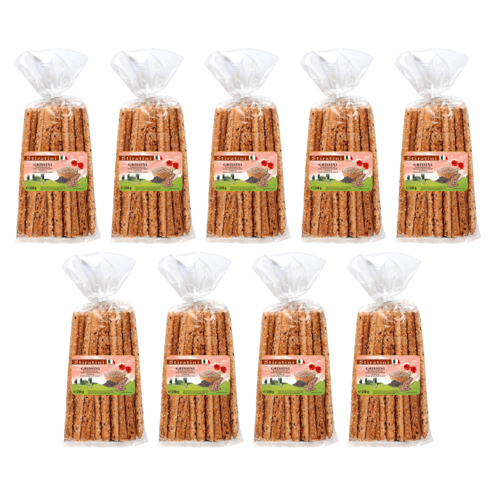 Stiratini Grissini Brotgebäckstangen mit Leinsamen, Sesam und Mohn 230g – 9er-Pack – Packbild