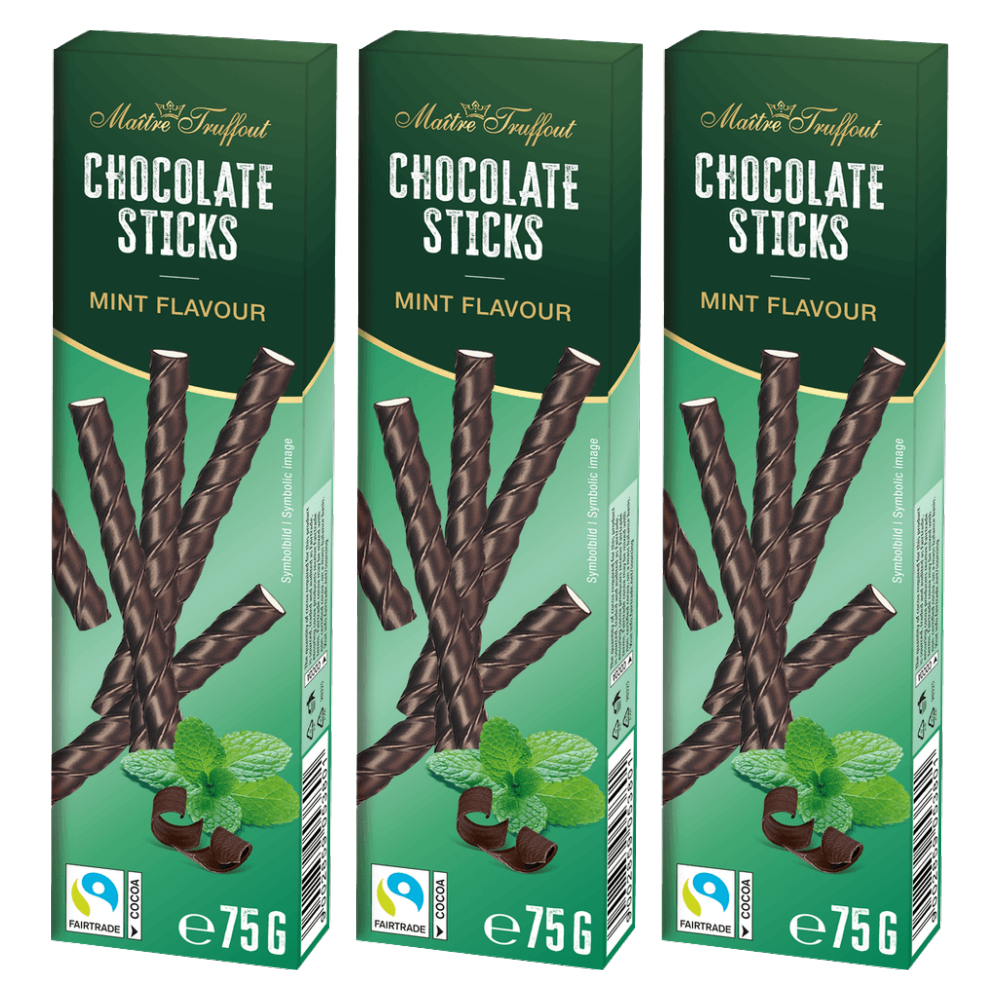 Maitre Truffout Zartbitterschokoladesticks Minze 75g – 3er-Pack – Packbild