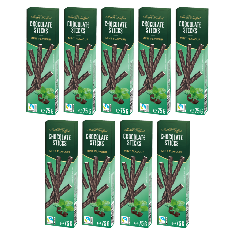 Maitre Truffout Zartbitterschokoladesticks Minze 75g – 9er-Pack – Packbild