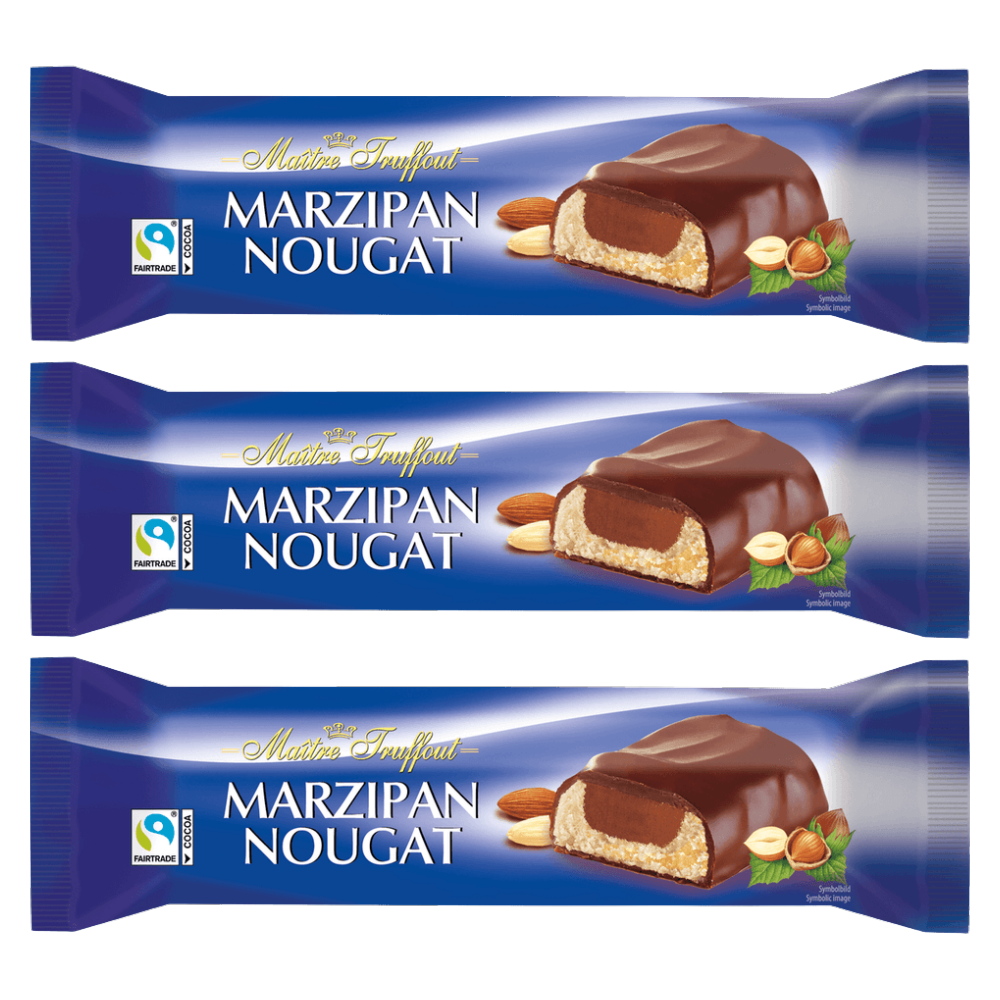 Maitre Truffout Marzipan-Nougatriegel mit Milchschokolade 75g – 3er-Pack – Packbild