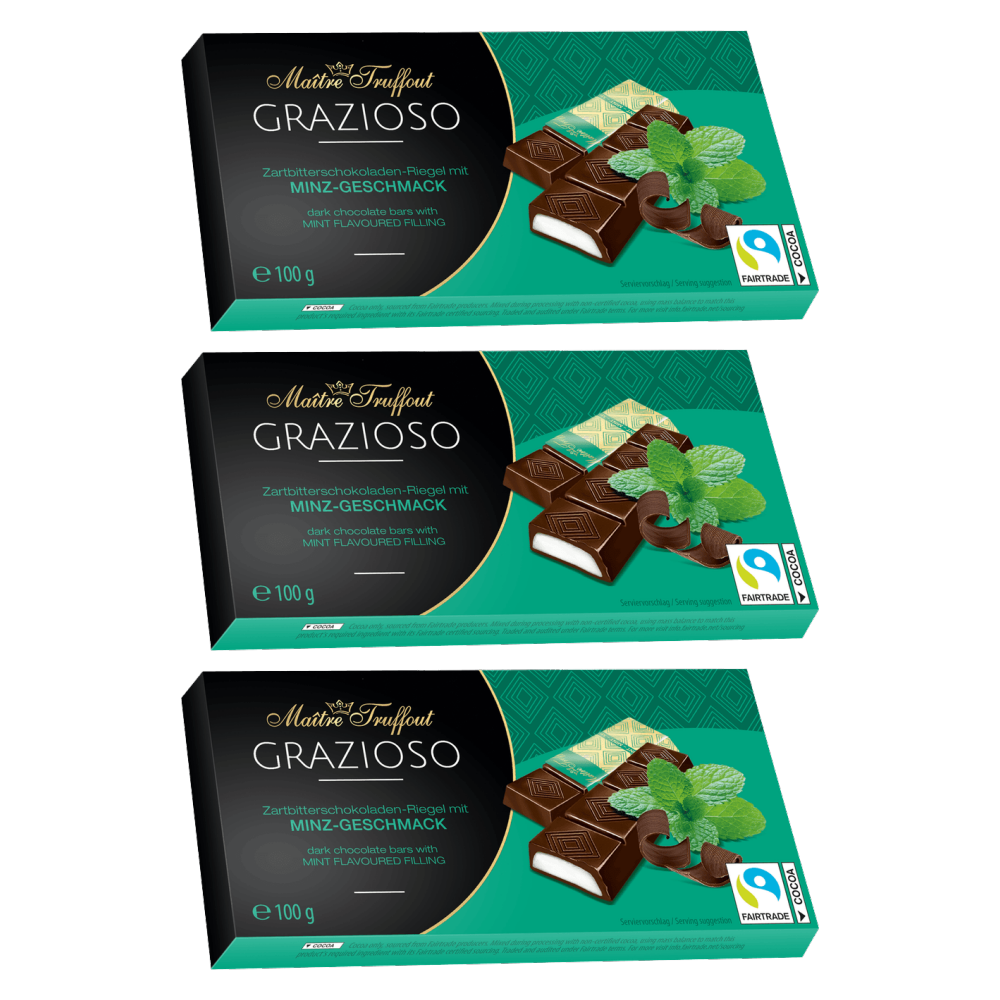 Maitre Truffout Grazioso Zartbitterschokolade mit Minzecreme 100g (8x12,5g) – 3er-Pack – Packbild