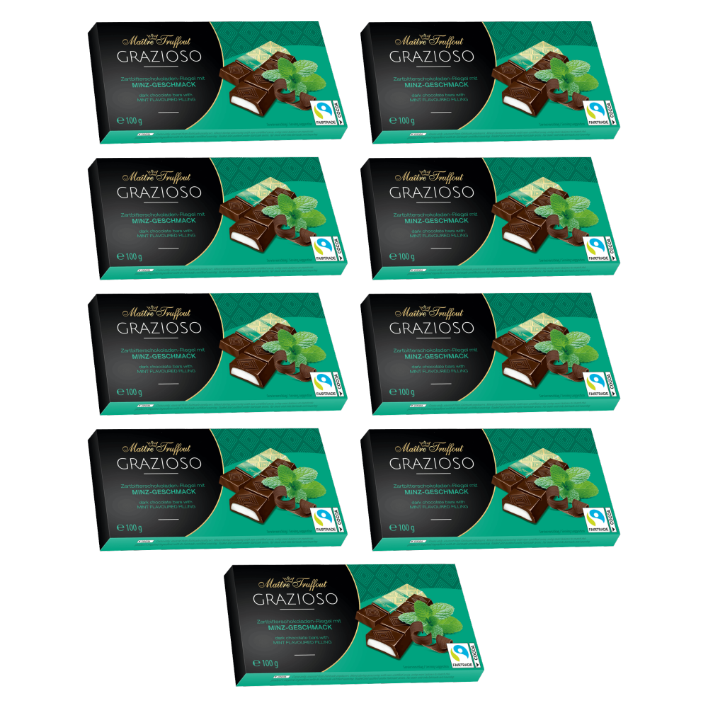 Maitre Truffout Grazioso Zartbitterschokolade mit Minzecreme 100g (8x12,5g) – 9er-Pack – Packbild