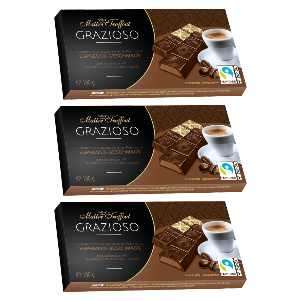Maitre Truffout Grazioso Zartbitterschokolade mit Espressogeschmackfüllung – 3er-Pack – Packbild