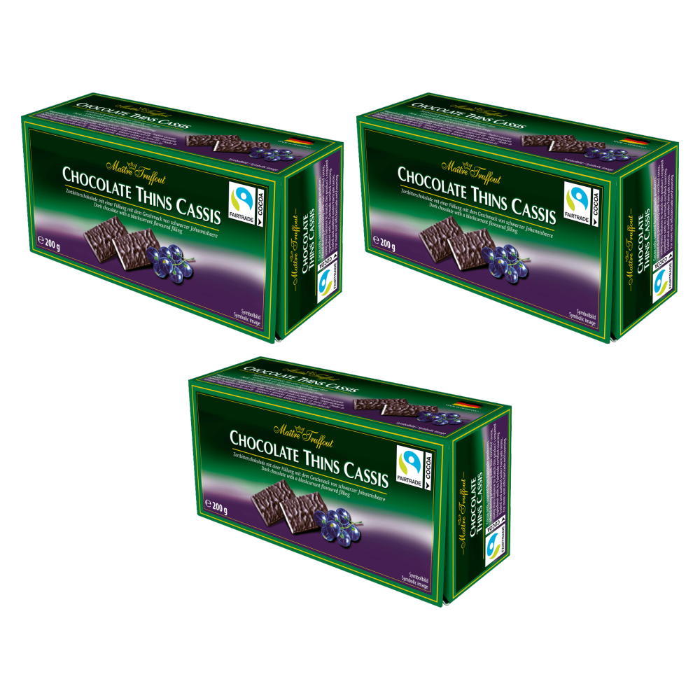 Maitre Truffout Chocolate Thins Cassis - Zartbitter Täfelchen schwarze – 3er-Pack – Packbild