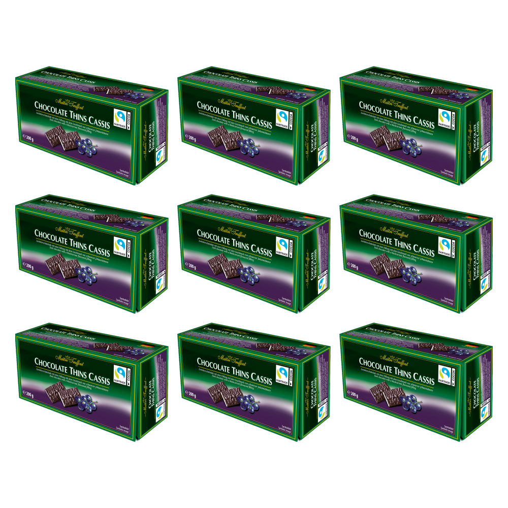 Maitre Truffout Chocolate Thins Cassis - Zartbitter Täfelchen schwarze – 9er-Pack – Packbild