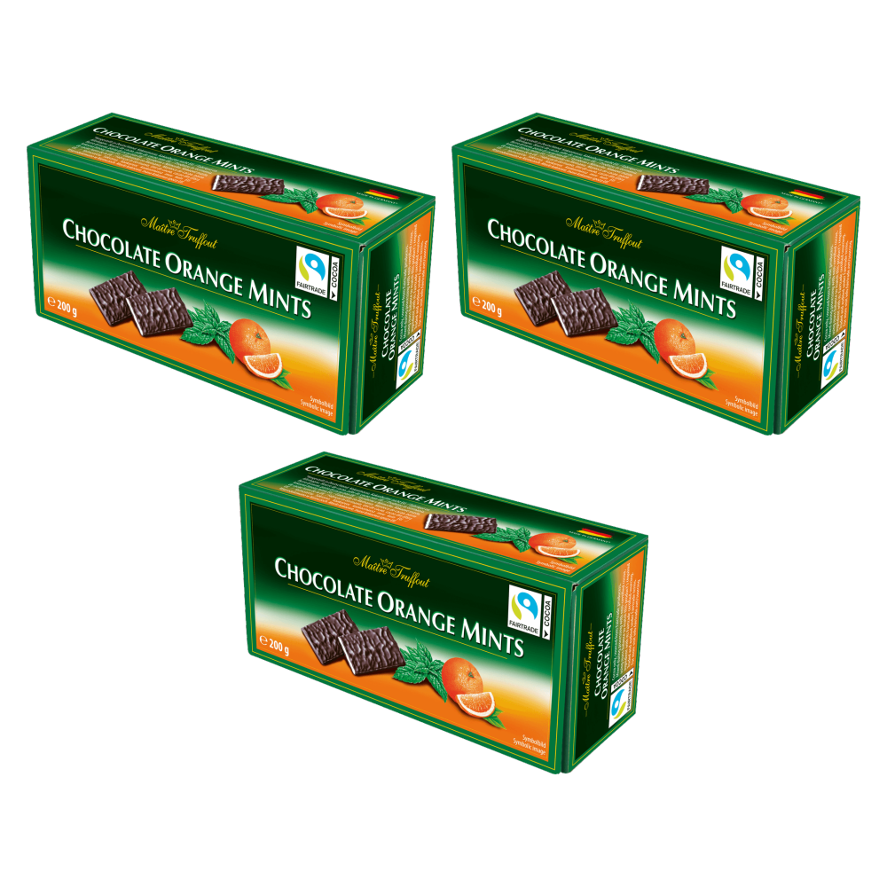 Maitre Truffout Chocolate Orange Mints - Zartbitter Täfelchen Orange/Minze – 3er-Pack – Packbild