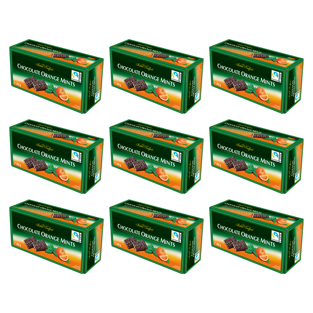 Maitre Truffout Chocolate Orange Mints - Zartbitter Täfelchen Orange/Minze – 9er-Pack – Packbild