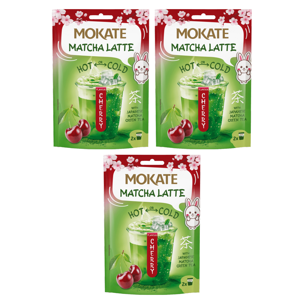 Mokate Instant Getränkepulver Matcha Latte Cherry Flavour 40g – 3er-Pack – Packbild