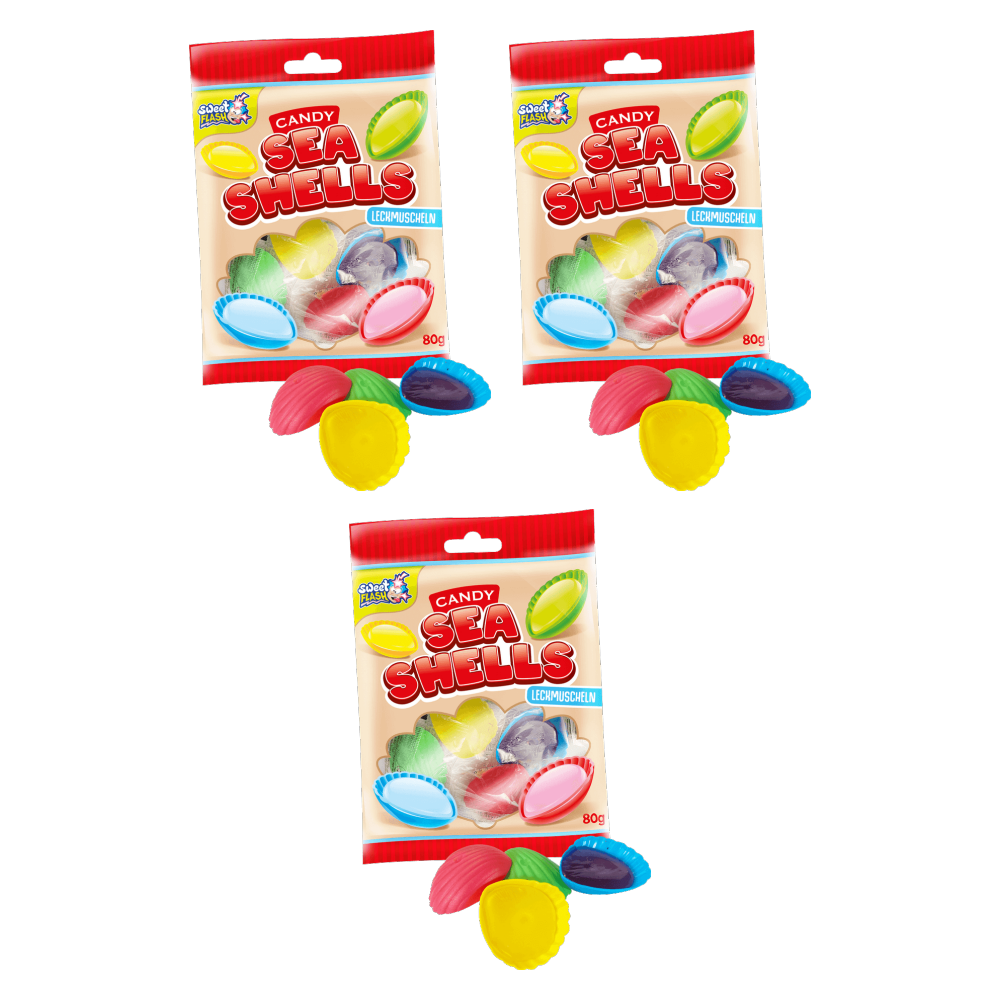 Sweet Flash Candy Seashells Schleckmuscheln 80g – 3er-Pack – Packbild