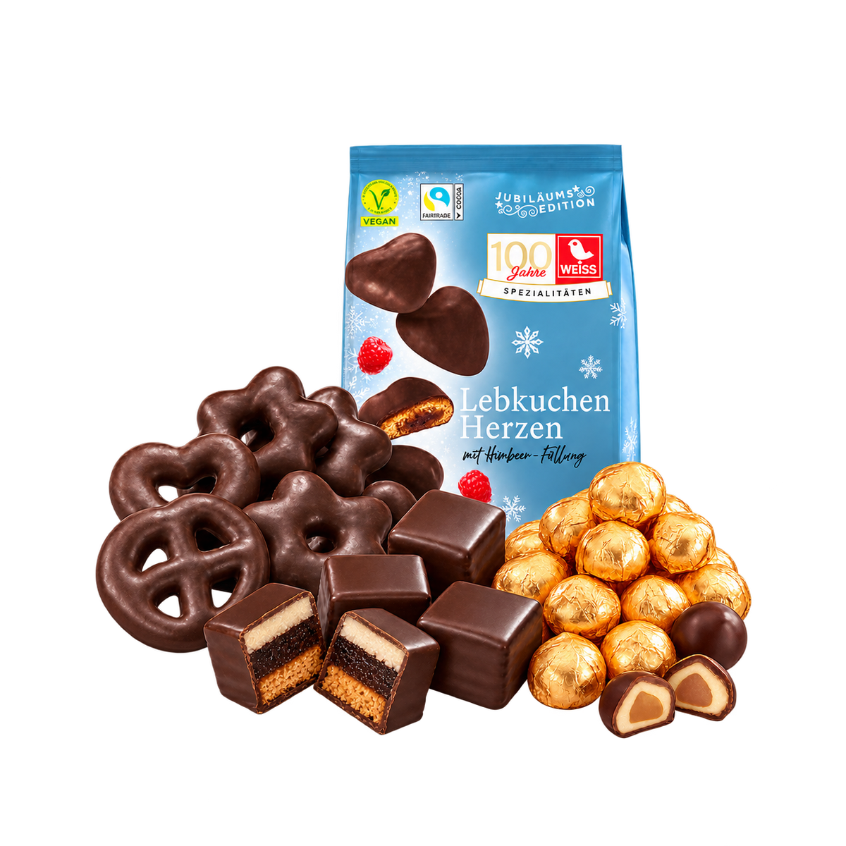 Zartbitter Weihnachtsbox – 1,35 kg SB105 – enthaltene Produkte auf transparentem Hintergrund