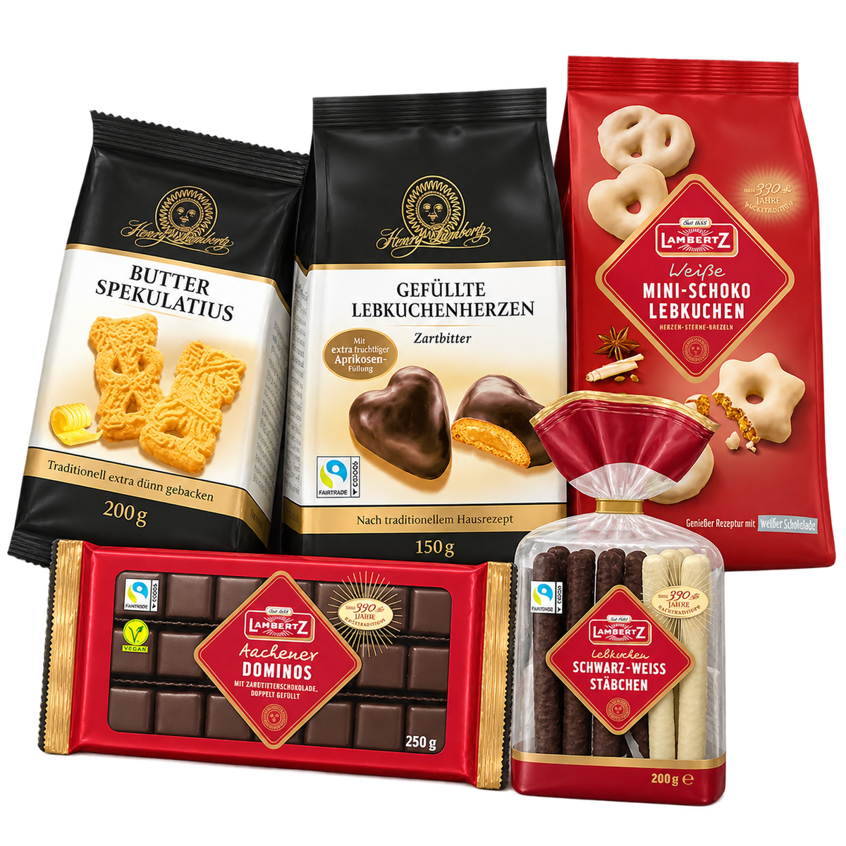 Lambertz Weihnachtsbox Klassiker – 1,1 kg SB111 – enthaltene Produkte auf transparentem Hintergrund