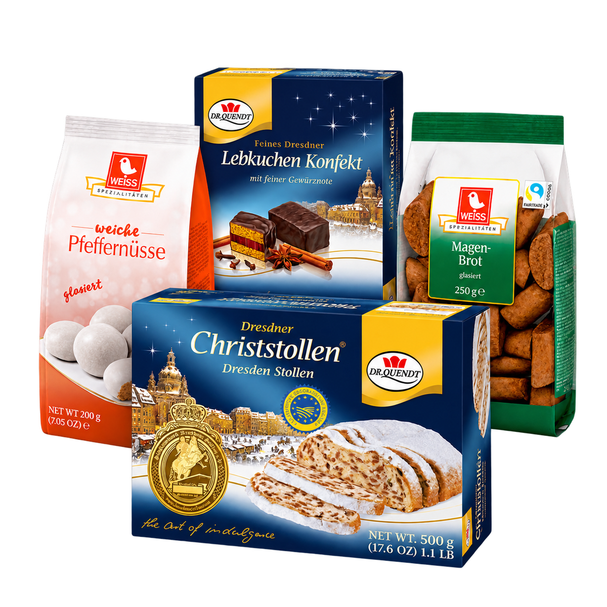 Dresdner Weihnachtsbox mit Stollen & Lebkuchen – 1,08 kg SB113 – enthaltene Produkte auf transparentem Hintergrund