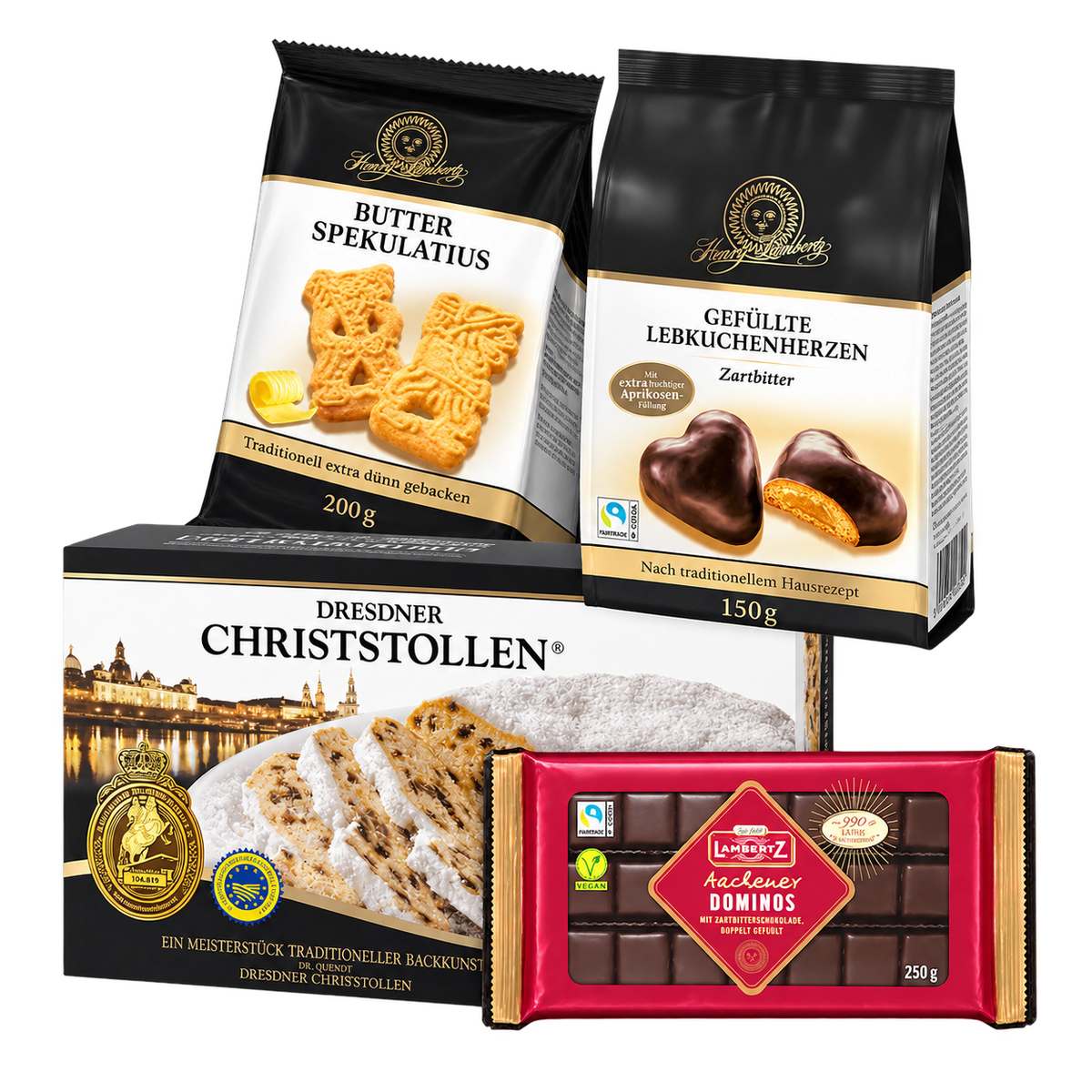 Stollen & Gebäck Weihnachtsbox – 1,6 kg SB114 – enthaltene Produkte auf transparentem Hintergrund