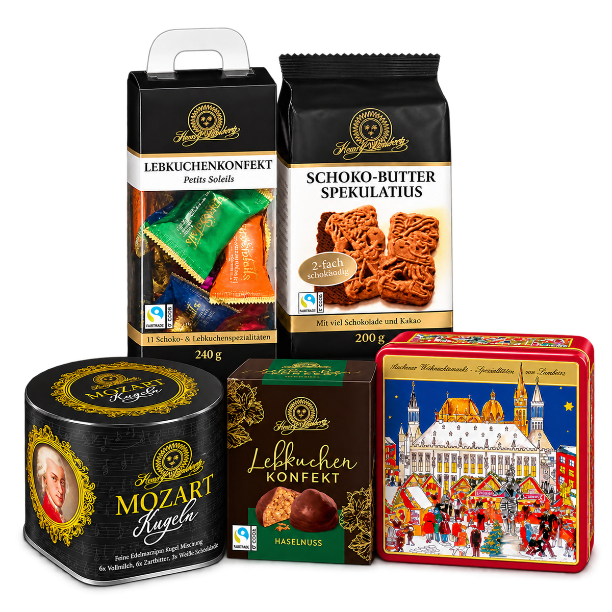 Lambertz Premium Weihnachtsbox – 1,415 kg SB116 – enthaltene Produkte auf transparentem Hintergrund