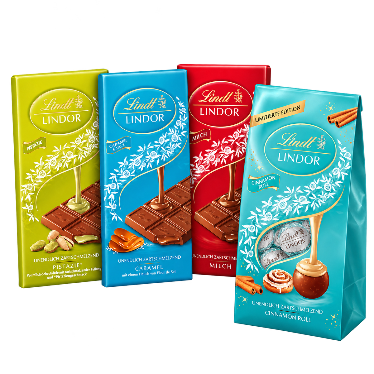 Lindt Weihnachtsbox LINDOR Pistazie & Caramel – 400 g SB122 – enthaltene Produkte auf transparentem Hintergrund