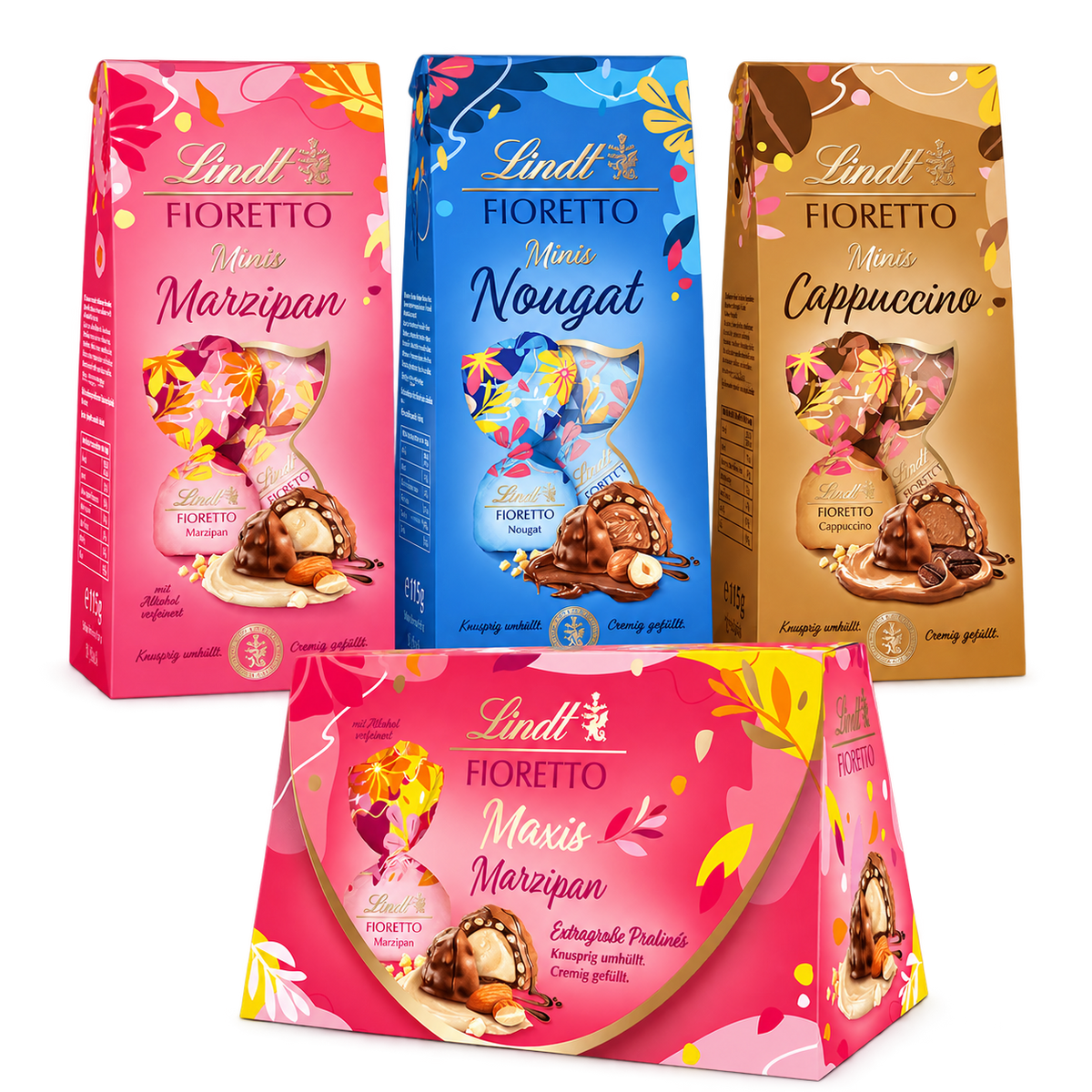 Lindt Weihnachtsbox FIORETTO Genuss – 483 g SB123 – enthaltene Produkte auf transparentem Hintergrund