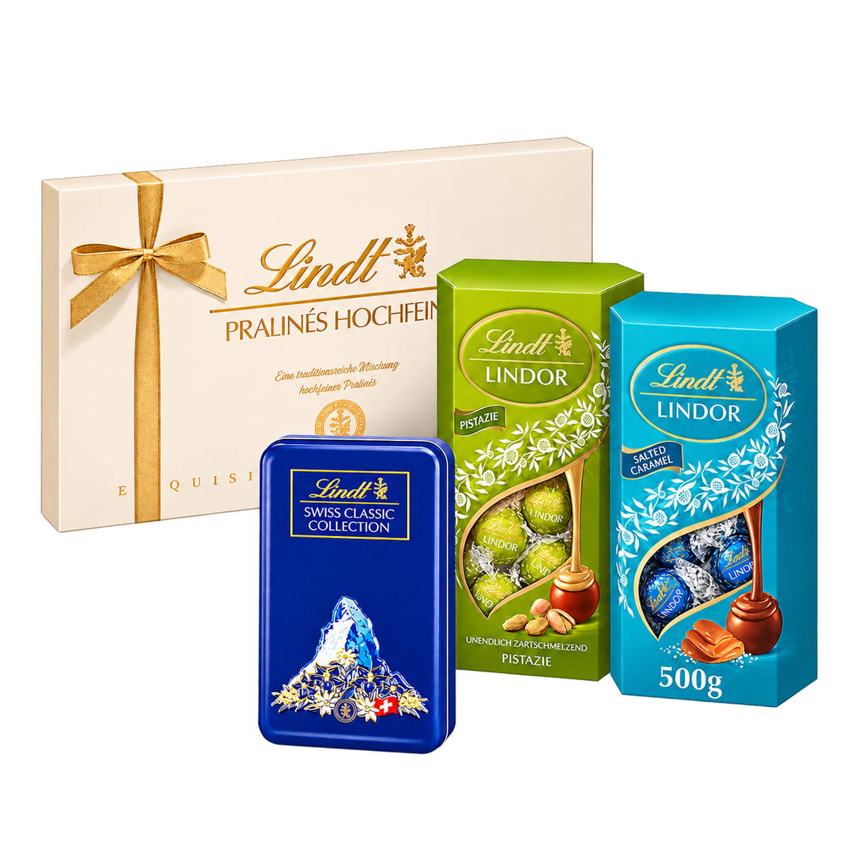 Lindt Weihnachtsbox Luxus Weihnachtsbox – 1,685 kg SB125 – enthaltene Produkte auf transparentem Hintergrund
