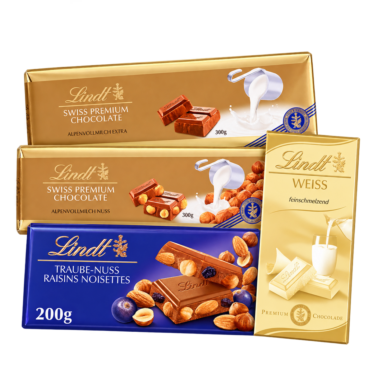 Lindt Weihnachtsbox Tafel Klassiker – 900 g SB126 – enthaltene Produkte auf transparentem Hintergrund
